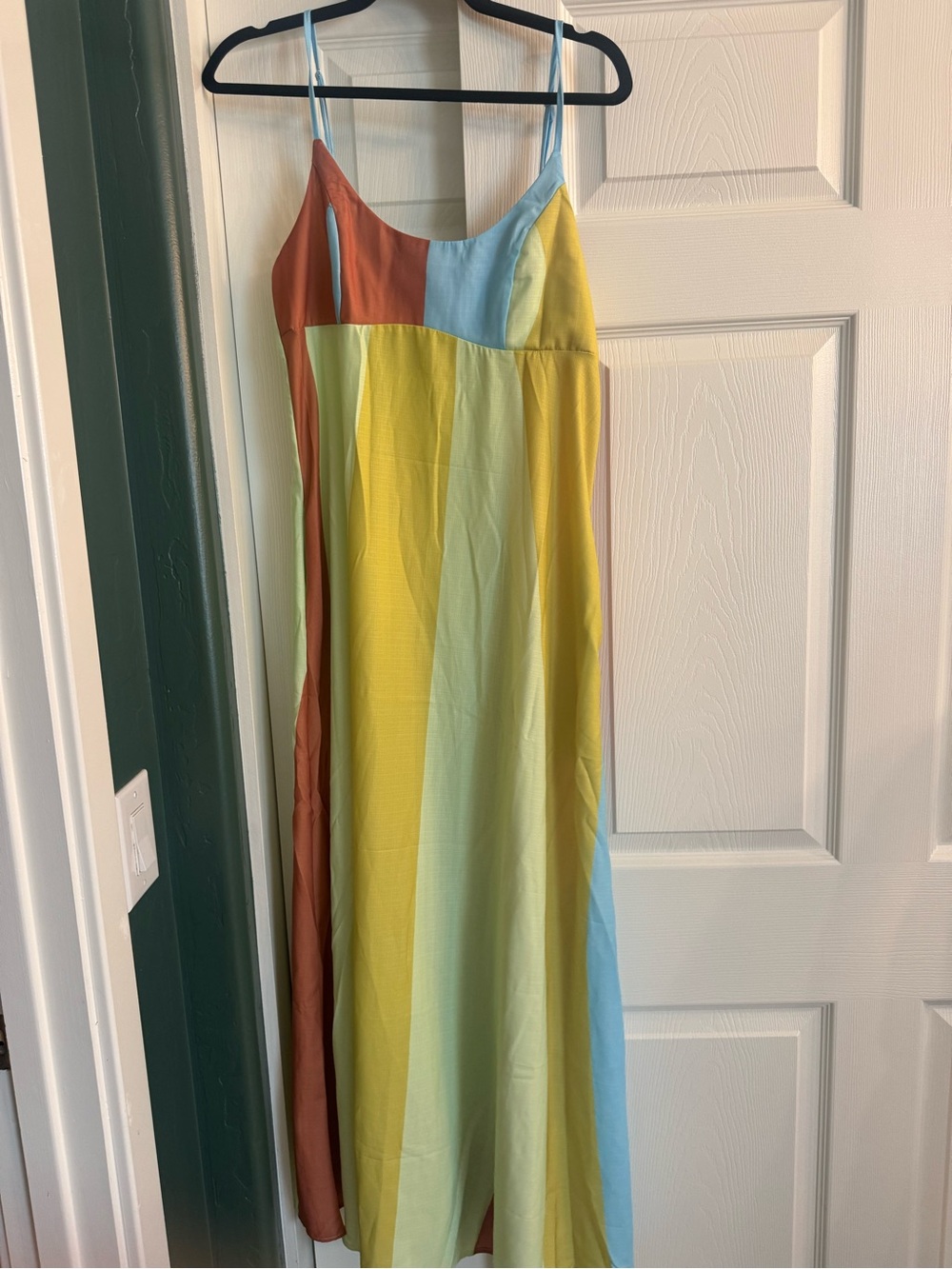 Colorblock Spaghetti-Strap Maxi Dress in Yellow, Blue & Rust